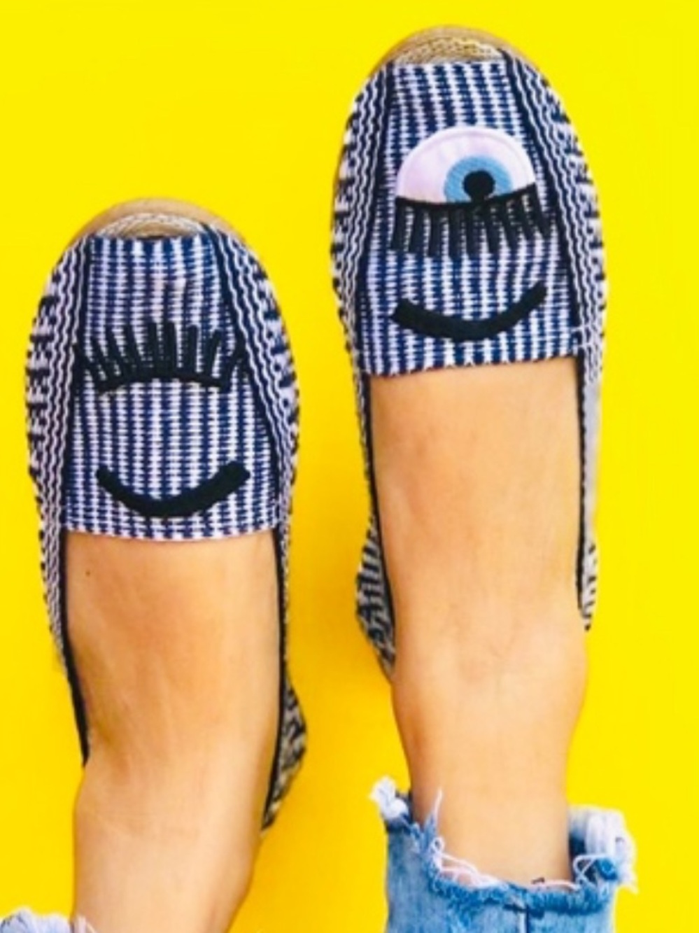 Navy & White Striped Slip-On Espadrilles with Playful Eye Appliqué NEW WO TAGS